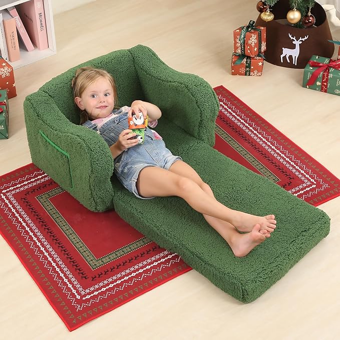 Kids Chairs for Toddler, 2-in-1 Toddler Soft Sherpa Couch Fold Out, Convertible Sofa to Lounger for Girls and Boys, Christmas Decor, Green