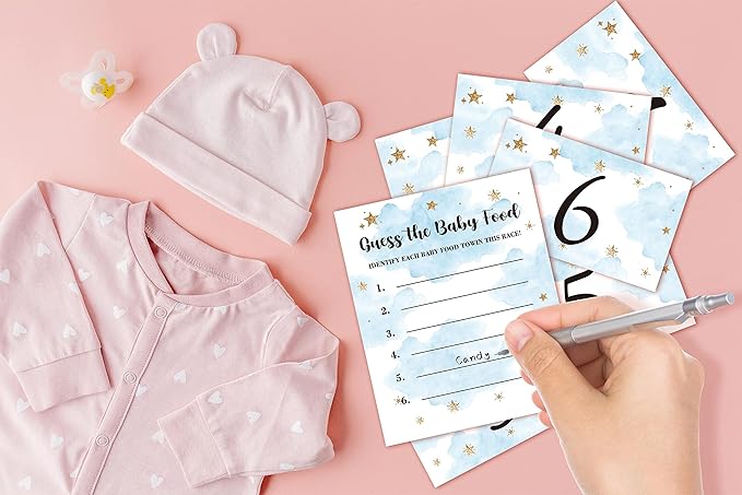 Baby Shower Game Set, Find The Baby Food Party Games(1 Standing Sign + 20 Answer Cards + 6 Number Cards), Moon and Stars Shower Games, Sleepover Gender Reveal Party Favor Decor(A05)