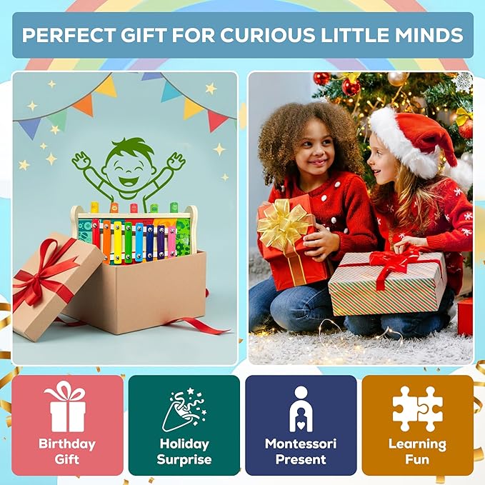 Montessori Wooden Hammering Toy – 6-in-1 Xylophone, Pound Bench, Shape Sorter & Learning Tool for Toddlers | Educational Musical Toy for Boys & Girls Ages 1–5 | Develops Motor Skills & Sensory Play