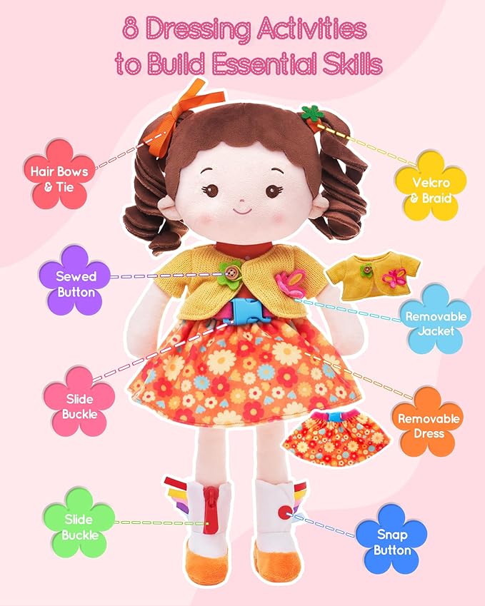Learning Sensory Doll for Toddlers, Montessori Toys for 2-Year-Old Girls Christmas, Birthday Gifts, Plush Doll with Zipper, Shoelace, Button-Busy Flora Girl