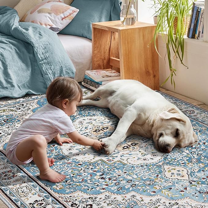 Ciicool Boho Area Rug 3’x5’ Blue Washable Bedroom Non-Slip Oriental Entry Soft Throw Low-Pile Indoor Rug Floor Carpet for Living Room Laundry Foyer Decor (Floral Medallion)