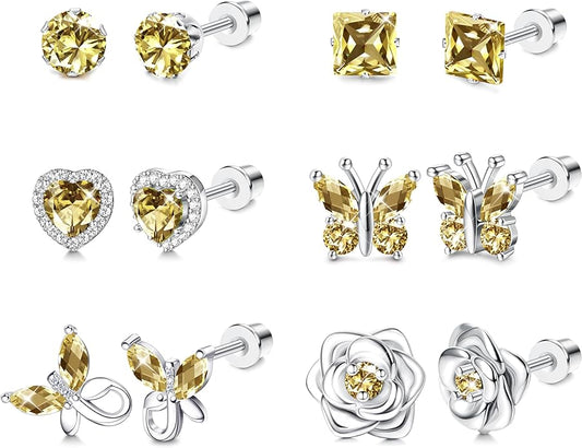 THUNARAZ Hypoallergenic Screw Back Earrings for Girls Women Surgical Stainless Steel Stud Earrings for Sensitive Ears Cute Butterfly Flower Heart CZ Screwback Earring Kid Toddler Girls Jewelry Gift
