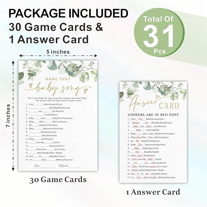 Name That Baby Song Baby Shower Game Cards - Golden Greenery - 30 Double-Sided Fill In Style Game Cards With Answer Card, Gender Reveal, Baby Announcement, Party Games & Activity - D15