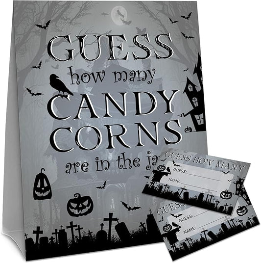 Halloween How Many Candy Corns Are In The Jar - 1 Standing Sign & 50 Guessing Cards - Halloween Haunted House Party Game & Decoration For Boys, Girls, Adults - Baby Shower, Birthday Game Set - A04