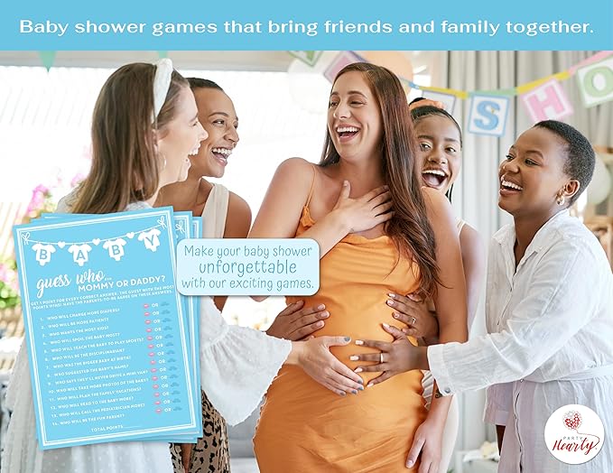 Party Hearty Baby Shower Games for Boy, 50 pcs Blue Mommy or Daddy Guess Who Game, Fun Activity Cards, Ideas