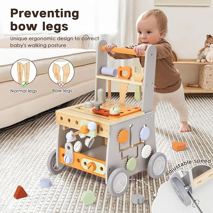 labebe Wooden Baby Walker, Baby Push Walker, Tool Toy for Toddlers, Adjustable Speed Baby Walker with Wheel, Learning Activity Walker for Girls Boys