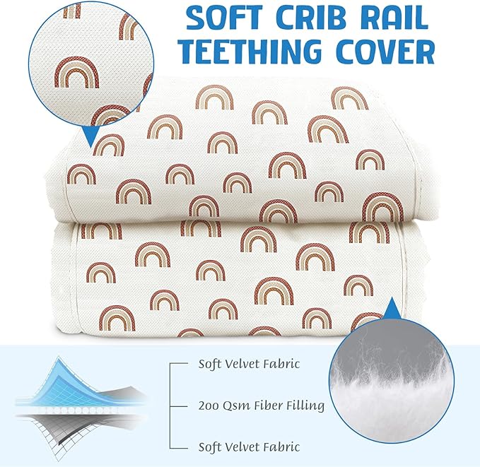 3 in 1 Crib Rail Covers for Teething,Soft Breathable Anti-Collision Crib Teething Rail Cover Edge Protector Strip（2025 New） (Kahki-Rainbow)
