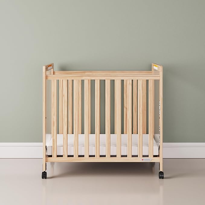 Foundations SafetyCraft Clearview Compact Daycare Crib, Durable Wood Construction, Non-Marking Casters (2 Locking), Includes 3” InfaPure Foam Mattress (Natural)
