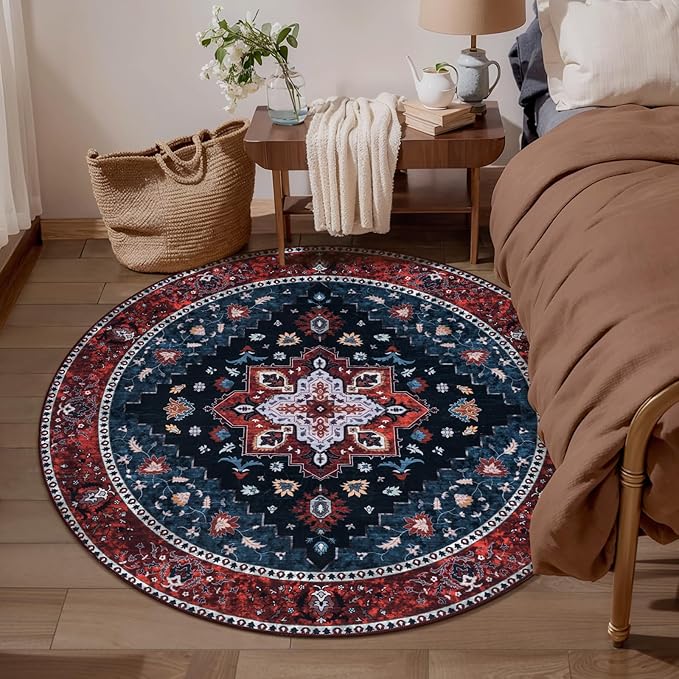 Ciicool Boho Area Rug 4x4ft Round Washable Bedroom Non-Slip Vintage Entryway Throw Low-Pile Indoor Carpet for Living Room Foyer
