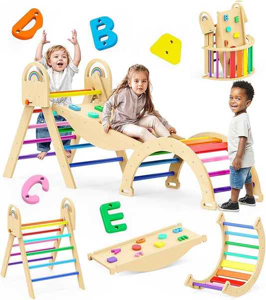 Pikler Triangle Set, 9-in-1 Foldable Wooden Climbing Toy for Toddler 1.8-7Y, Montessori Climber Gifts, Indoor Jungle Gym with Arch&Ramp&Ladder for Kids to Learning Through Playing