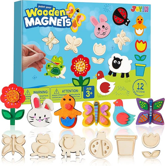 JOYIN 12 Wooden Magnet Creativity Arts & Crafts Painting Kit for Kids, Decorate Your Own Painting Gift for Halloween Crafts, Birthday Parties and Family Crafts, Party Favors for Boys Girls