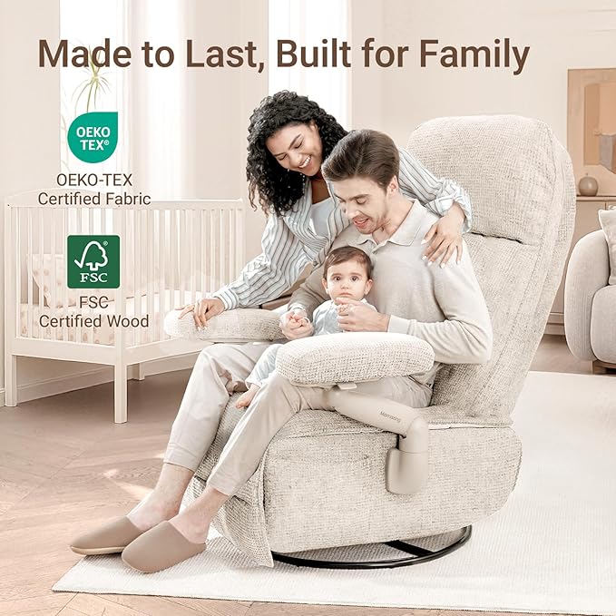 Nursery Swivel Glider Recliner Chair with Adjustable Armrests & Headrest, Rocking Chair Nursery with Removable Cover for Breastfeeding, FSC & Oeko-TEX Certified, Beige