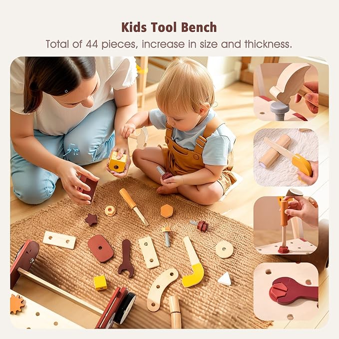 IEATFO 3-in-1 Wooden Baby Walker Adjustable Height with Tool Bench and Toy Storage Wagon - Multifunctional Toddler Push Walker Ergonomically Designed for Natural Walking - 3+ Years of Continuous Use