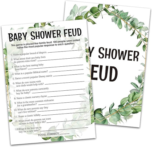 Baby Shower Game Cards, Baby Shower Feud Game, Tropical Jungle Theme Party Cards for Gender Neutral Boys or Girls, Set of 30 (Green004)