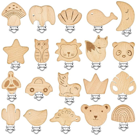 20 Pieces Wood Pacifier Clips Toy Suspender Clips Charm DIY Pacifier Holder for Baby Toddler Teething Grasping Accessory