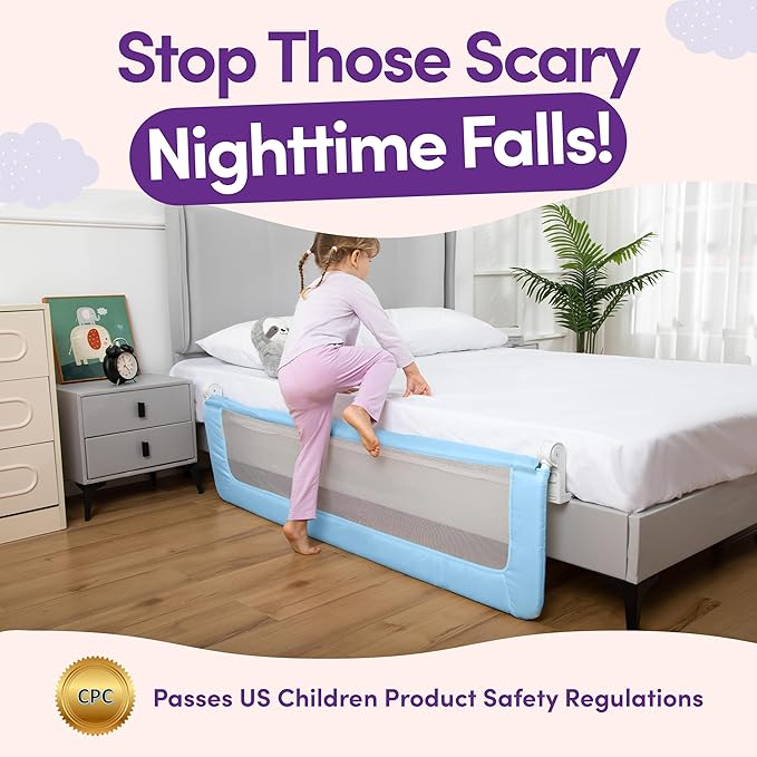 ComfyBumpy 1-Pack Bed Rail for Toddlers 55.5" L x 19.5" H | Toddler Bed Rails for Twin, Full, Queen & King Mattress Size | Swing Down Rail Guard | Mattress Side Rail for Kids | Blue