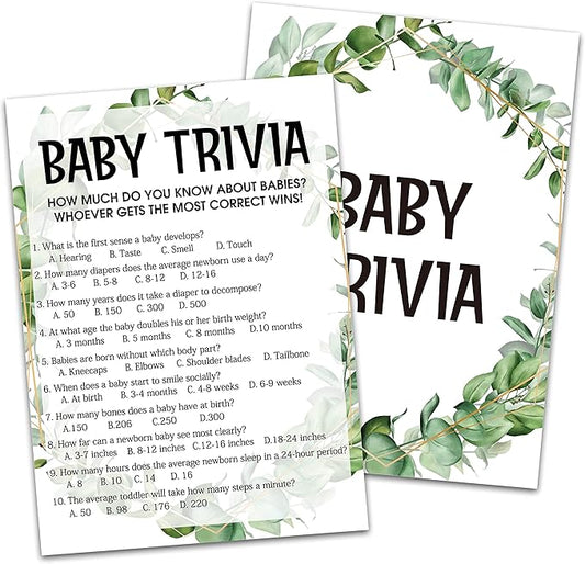 Baby Shower Game Cards, Baby Trivia Game, Tropical Jungle Theme Party Cards for Gender Neutral Boys or Girls, Set of 30 (Green002)