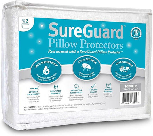 Set of 2 Travel Size SureGuard Pillow Protectors - 100% Waterproof, Bed Bug Proof, Hypoallergenic - Premium Zippered Cotton Terry Covers