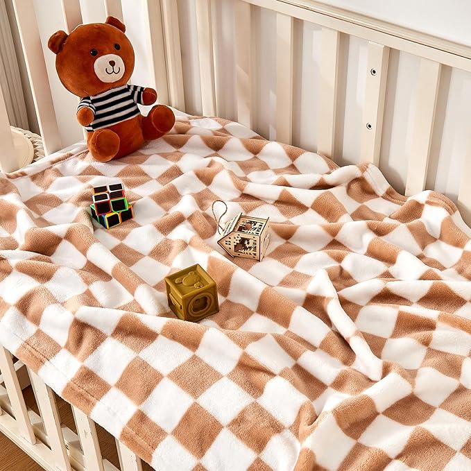 Yurhap Checkered Baby Blanket Fleece Baby Blankets Neutral for Boys Girls, Super Soft Warm Lightweight Infant Toddler Newborn Receiving Blankets for Crib Stroller, 30''x40'', Khaki