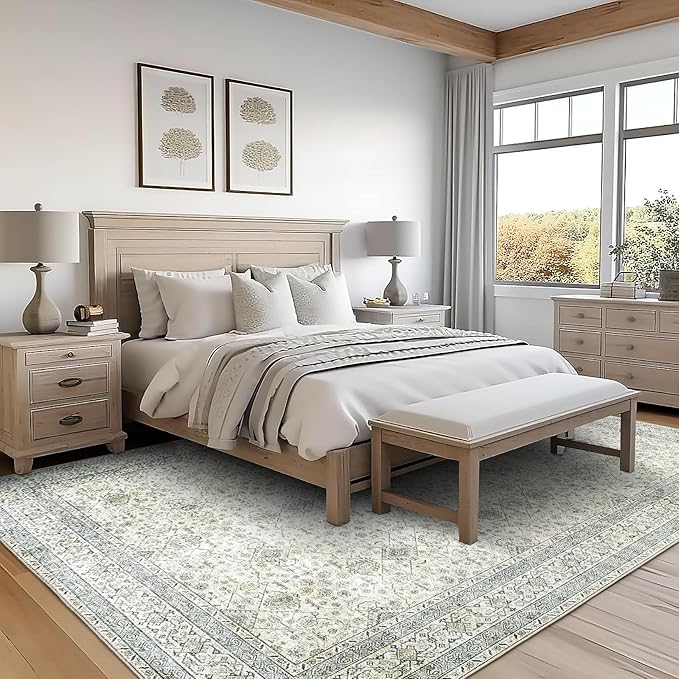 ReaLife Rugs Machine Washable Area Rug Runner - Living Room Bedroom Bathroom Kitchen Entryway Office - Padded Low Pile Stain Resistant Premium - Boho Farmhouse Vintage - BEV - Green 3' x 5'