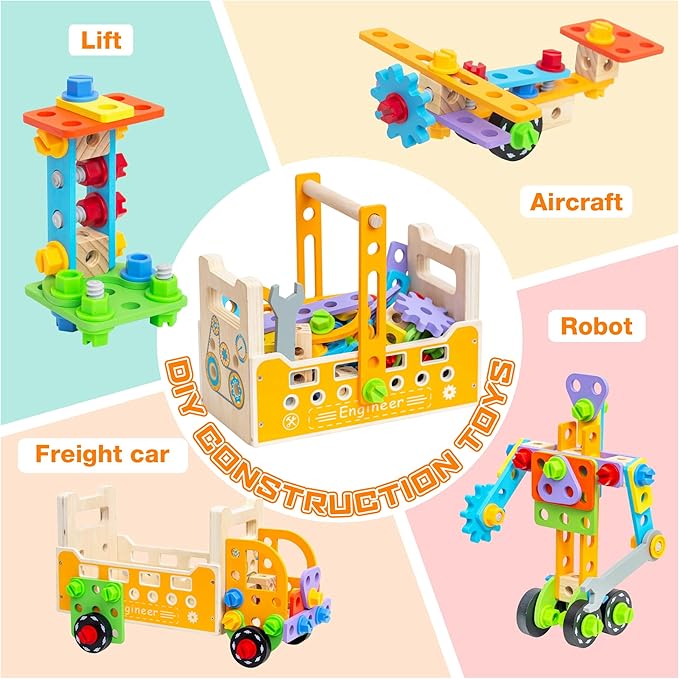 Wooden Kids Tool Set with Electric Screwdrivers, 91PCS Educational STEM Construction Toys, Wooden Tool Bench Montessori Toy Tool Box for 3 4 5 YO Boys & Girls Birthday Gift (91Pcs)