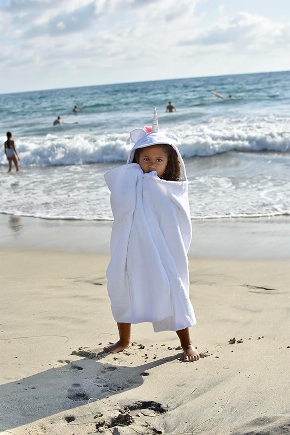 Hooded Baby Towel for Kids 2-8 | Large 100% Cotton Baby Towel for Girls or Boys in White | Cute Unicorn Bath Towels for Babies and Toddlers with Rainbow Mane