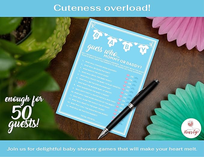 Party Hearty Baby Shower Games for Boy, 50 pcs Blue Mommy or Daddy Guess Who Game, Fun Activity Cards, Ideas