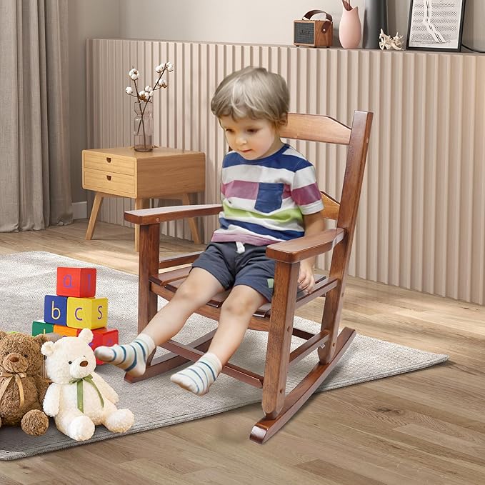 Toddler Rocking Chair Set of 2 for Kids Comfy Recliner Wooden Rocker for Baby Children Ages 3-6 Outdoor Lounge Chair Girls Indoor Playroom Brown
