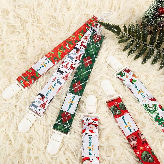 Babygoal Christmas Pacifier Clips, 6 Pack Binky Paci Holder and Leash for Boys and Girls Fits for Most Pacifier, Binkie Styles & Baby Teethers & Toys and Xmas Gift 6PB11