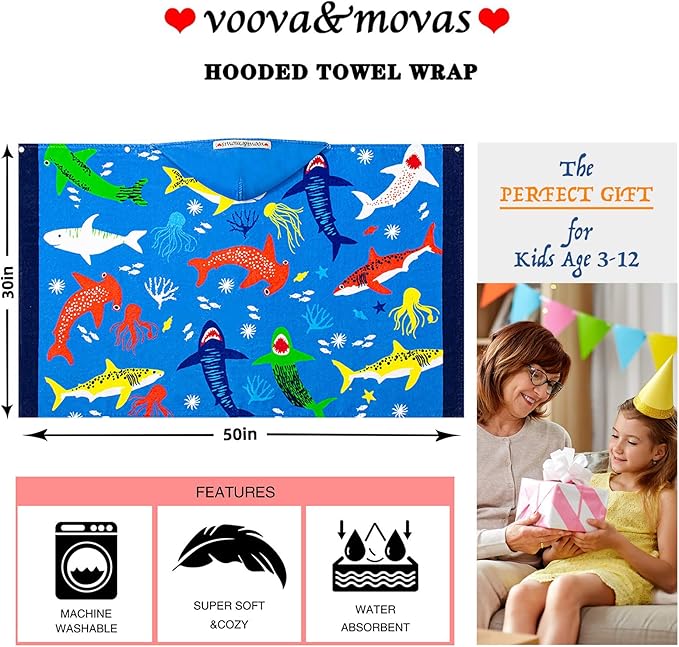 VOOVA & MOVAS Hooded Towel for Toddlers 3-10 Years,30''X50'',Soft | Thick | Cotton | Absorbent | Large Beach | Pool | Bath | Swim Towels | Cover up for Boys, Shark Fish