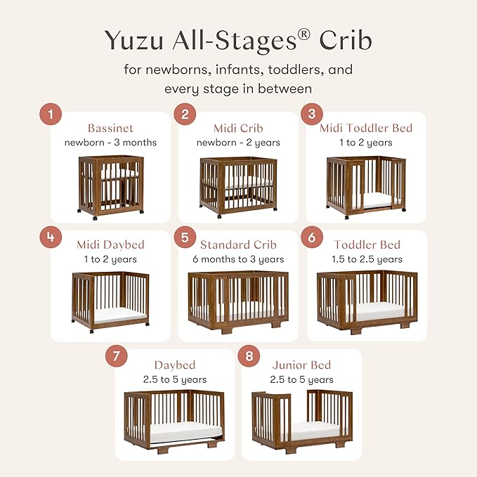 Babyletto Yuzu Convertible All-Stages Bassinet, Midi, Standard Crib in Natural Walnut, Greenguard Gold Certified, Portable & Adjustable with Conversion Kits and Pads Included