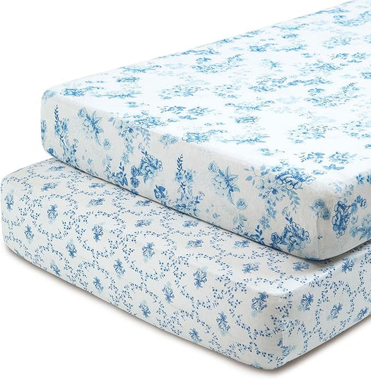 Delta Children Fitted Crib Sheets for Girls and Boys - 100% Organic Cotton Crib Sheet for Standard Crib and Toddler Mattresses - 28x52 Inch - GOTS Certified (Pack of 2), Blue Botanicals
