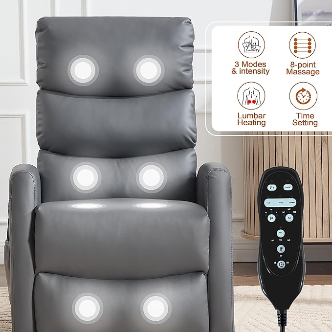 Manual Swivel Rocker Recliner Chair with Massage, Overstuffed Recliner Glider with Vibration Massage and Heat for Nursery, Living Room Reclining Sofa Chair, PU Leather Gray
