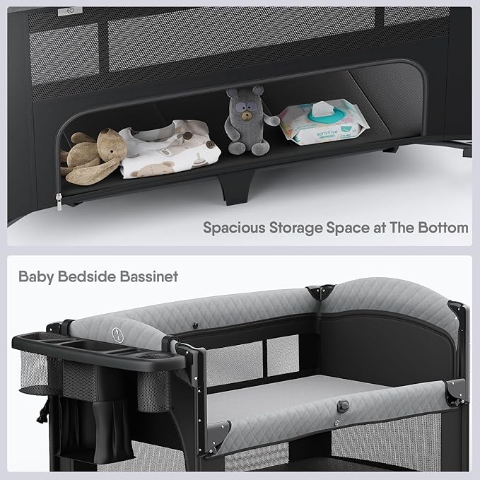 4 in 1 Baby Bassinet, Pack and Play, Bedside Crib Sleeper, Diaper Changer - Comes with Mattress, Mosquito Net，Bottom Storage and Toy Bar for Newborn to Toddles