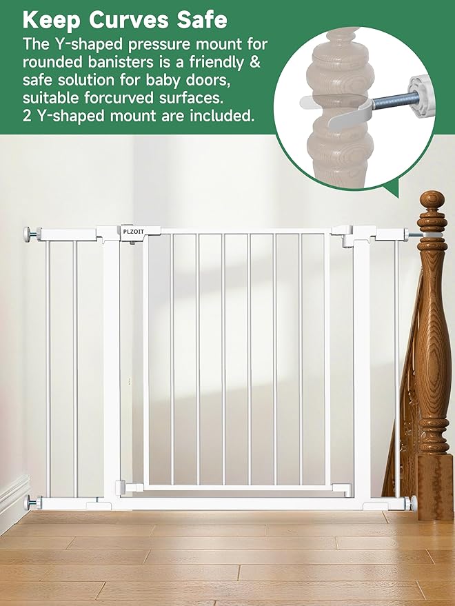 Baby Gate for Stairs, 30'' Tall 29.5-46" Extra Wide Dog Gate for Stairs Walk Thru Auto Close Metal Pet Gate for The House, Stairs and Doorways Child Gate Pressure Mounted Safety Gate Indoor - White