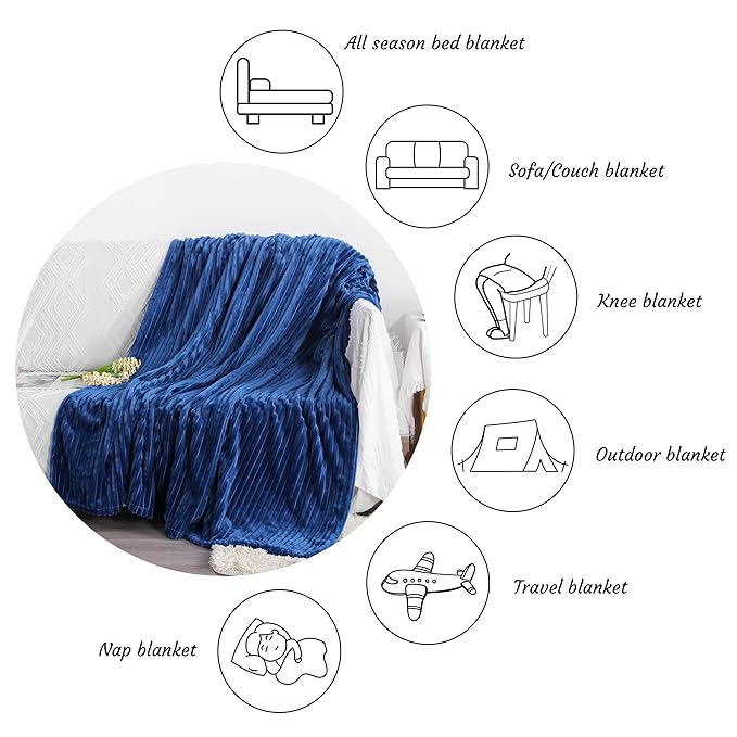 NTBAY Plush Flannel Twin Bed Blanket, 60x80 Inches Soft and Warm Lightweight Bed Blanket with Striped Texture for Couch, Sofa, All Seasons, Navy Blue