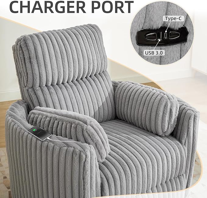 Power Swivel Glider Rocking Recliner Nursery Chair with 2 Pillows, Electric Rocker Reclining Chairs with Type-C & USB Charger Port for Living Room, High Back Barrel Armchair for Bedroom,Corduroy, Grey