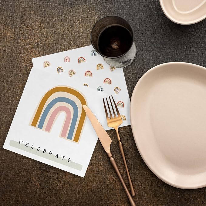 Modern Rainbow Party Beverage Napkins / 48 Colorful Celebrate Cocktail Napkins / 4 Stylish Gender Neutral Designs / 4 3/4" x 4 3/4" Birthday Baby Shower 4 3/4" x 4 3/4" Napkin Set/Made In The USA