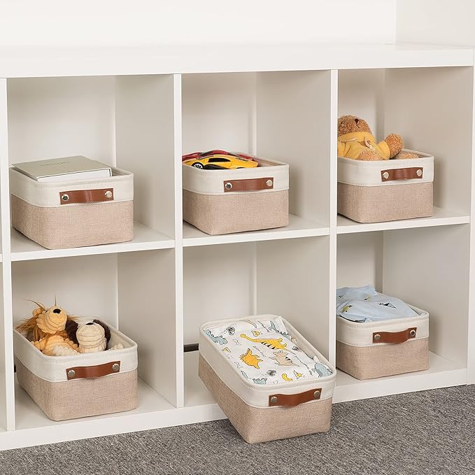 HNZIGE Small Fabric Baskets for Organizing(6 pack) Collapsible Storage Baskets for Shelves, Closets, Laundry, Nursery, Decorative Baskets for Gifts Empty (White&Khaki, 11.8" x 7.8" x 5.1")