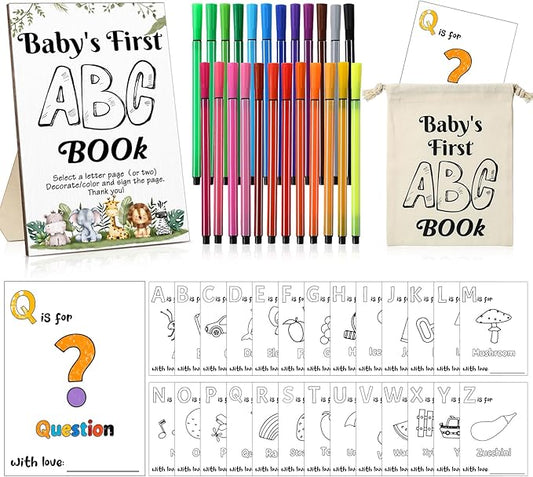 Geelin 51 Pcs Fun Baby Shower Game Activities First ABC Book Sign Coloring Game Card 26 Alphabet a to Z Coloring Card with 24 Watercolor Pen Storage Bag for Baby Shower Party(Safari)