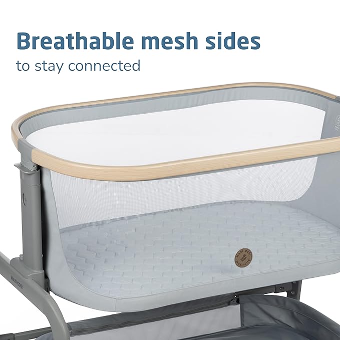 Maxi-Cosi Iora Baby Bassinets Bedside Sleeper, Portable Bassinet, Infant Bedside Sleeper Crib, Height Adjustable, Breathable Mesh, Large Storage Basket, Classic Slate