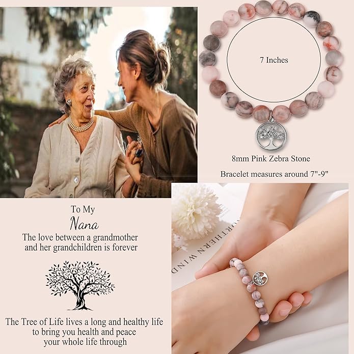 QWNHONEY Mothers Day Gift for Grandma Mom Mother in Law Sister in Law Bonus mom Granny Nana Valentine's Day Birthday Anniversary Pink Red Natural Stone Tree of Life Bracelet