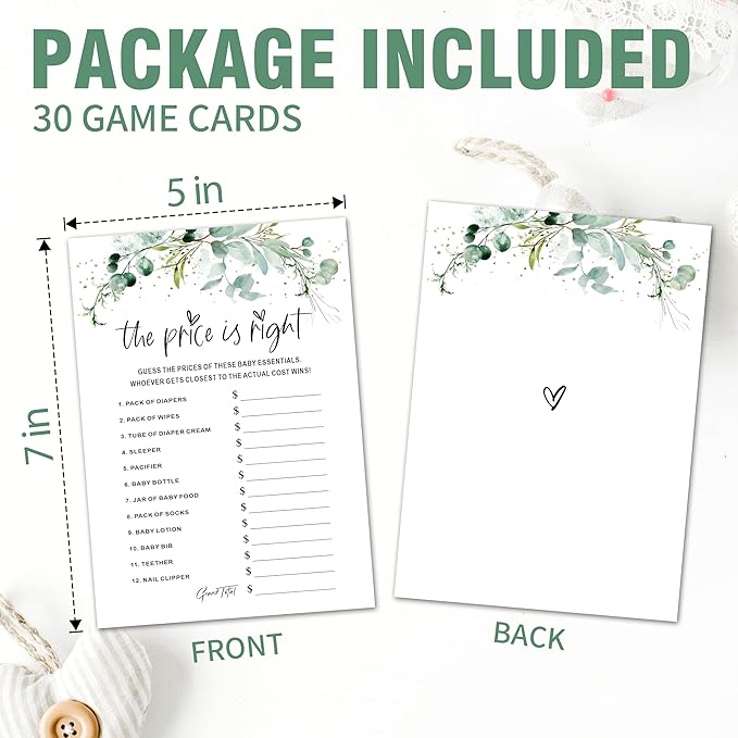 Baby Shower Game Cards - Set of 30 The Price Is Right Game - Greenery Double Sided Print Baby Announcement Gender Reveal Game Card For Parents To Be - Baby Shower Party Activities Supplies - A12