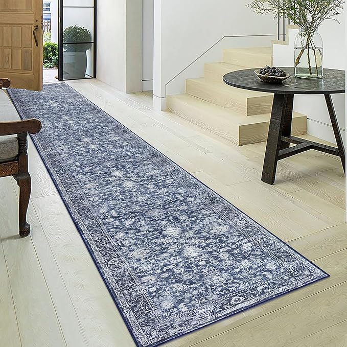 KILOCOCO Hallway Runner 2.6x18 Rug Runner Printed Vintage Floral Washable Kitchen Runners Non-Slip Rubber Backed Runners for Hallways Laundry Room Distressed Boho Rugs for Bedroom, Blue