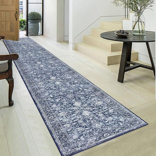 KILOCOCO Hallway Runner 2.6x18 Rug Runner Printed Vintage Floral Washable Kitchen Runners Non-Slip Rubber Backed Runners for Hallways Laundry Room Distressed Boho Rugs for Bedroom, Blue