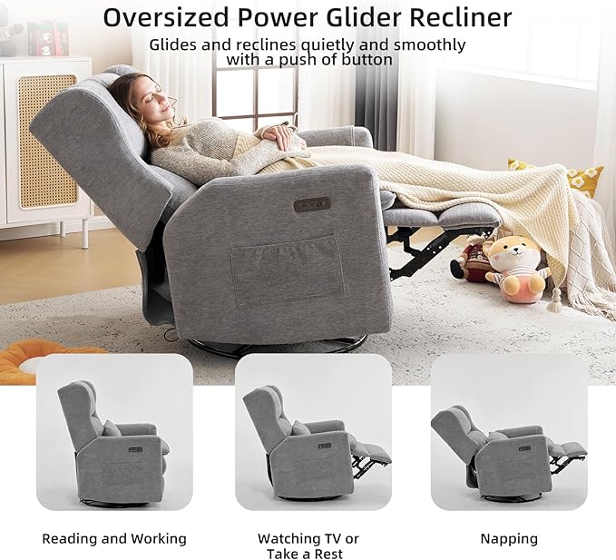 Oversized Swivel Rocker Recliner Chair, 26" Extra Wide Glider Nursery Chair with Adjustable Headrest, Chenille Power Recliner Rocking with Double Cushion, Cup Holder, Grey