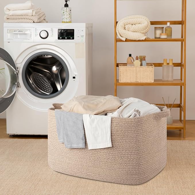 95L Large Storage Basket, Cotton Rope Woven Blanket Basket, Toy Storage for Baby Room, Living Room, 24" x 16.9" x 14.2", Brown