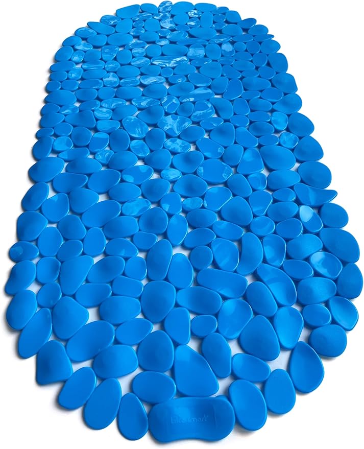 “Pebbles” Non-Slip Bathtub & Shower Mat 27”x14” Oval - Non-Toxic - Safe, Clean, Machine-Washable, Superior Grip & Drainage, Vinyl, for Smooth Floors ONLY, Opaque Light Blue