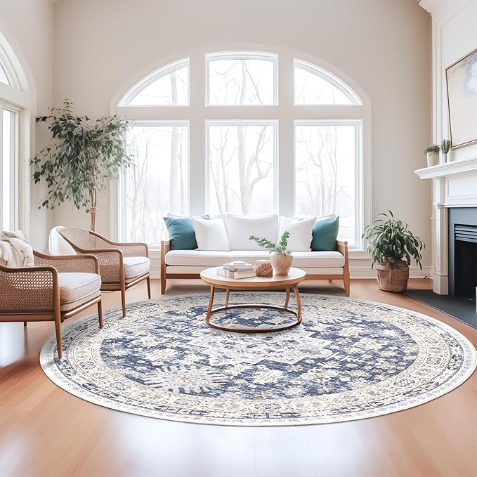zesthome 8ft Round Rugs for Living Room, Non-Slip Washable Round Area Rugs, Ultra-Thin Large Circle Rugs, Soft Low Pile Rug for Bedroom, Kitchen - Vintage Stain Resistant Round Rug (Blue/Beige,8'x8')