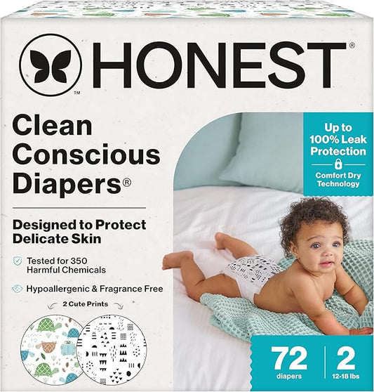 The Honest Company Clean Conscious Diapers for Delicate Skin | Up to 100% Leakproof | Hypoallergenic, Fragrance Free | Gender Neutral | Club Box, Size 2 (12-18 lbs), 72 Count (Prints May Vary)